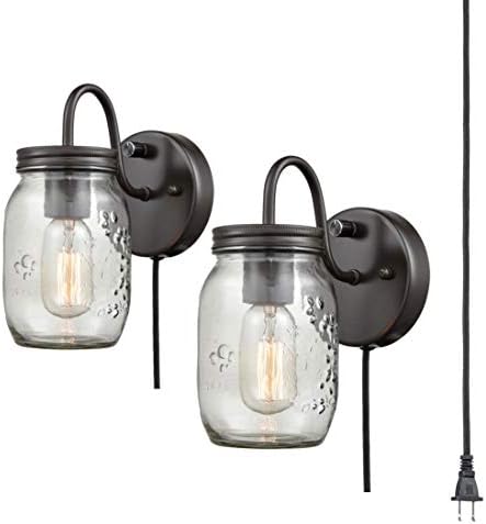 EUL Vintage Mason Jar Light Fixture Clear Glass 2-Pack Wall Sconces Oil Rubbed Bronze, Plug-in