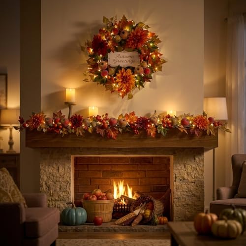 Valery Madelyn 24'' Collapsible Pre-Lit Fruits Fall Wreath for Front Door - image 3