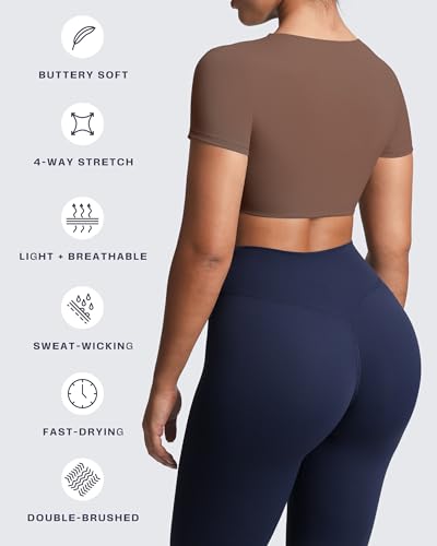 Image of Aoxjox Short Sleeve Crop Tops for Women Sienna Twist Deep V Workout Cropped T Shirt Top (Fudge Coffee, Small)