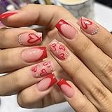 Valentines Press on Nails Medium Square Fake Nails Red French Tip Nails Press ons with Red Love Heart,Rhinestone Design Reusable Artificial Nail Full Cover Stick on Nails for Women Manicure 24 Pcs