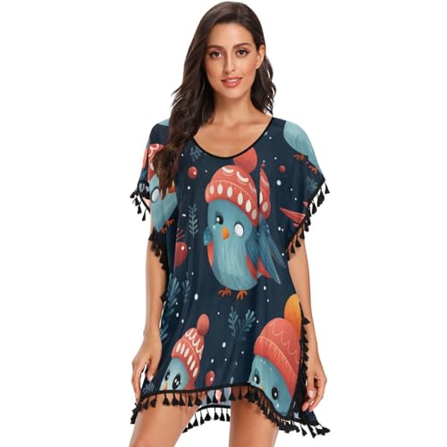 Christmas Birds Snow Art Women's Beach Cover Up Chiffon Tassel Swimwear Swimsuit Coverups for Girl