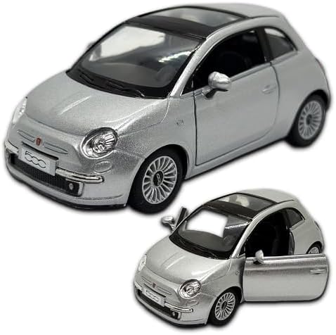 Carrinho de ferro Miniatura Fiat 500 2007, Em Metal, Com fricção, escala 1:28, 12 Cm de comprimento (Cinza)