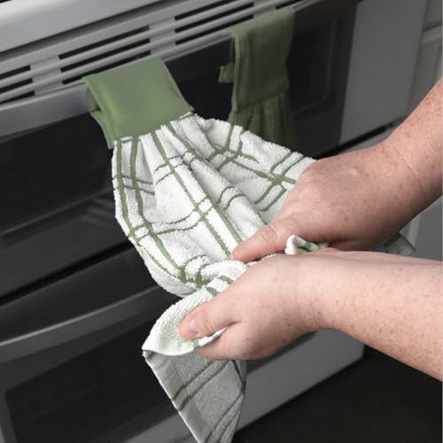 Image of Ritz Premium 100% Cotton Solid and Multi Check Kitchen Tie Towel, Absorbent, Super Soft, and Fast Drying Hang Towel, Set of Two, Juniper