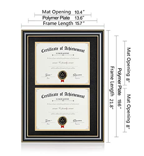 Image of ELSKER&HOME Wood Picture Frame, 16.73x22.64in, Double Mat Black Mat with Golden Rim, Document Frame for 2 8.5x11in Certificates, Diploma, Wall Mount