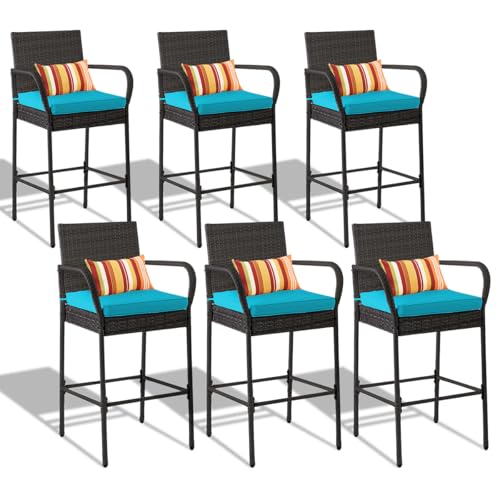 Image of Sundale Outdoor Wicker Bar Stool Set of 6, Patio Counter Height Pub Chair with Arms, High Top Rattan Barstool, Cushion Beige, All-Weather Outdoor Rattan Furniture (Gray&Blue, Small Seat - 6 Stools)