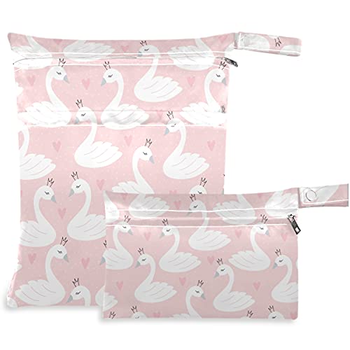 Image of visesunny Cute Swan Heart 2Pcs Wet Bag with Zippered Pockets Washable Reusable Roomy Diaper Bag for Travel,Beach,Pool,Daycare,Stroller,Diapers,Dirty Gym Clothes, Wet Swimsuits, Toiletries