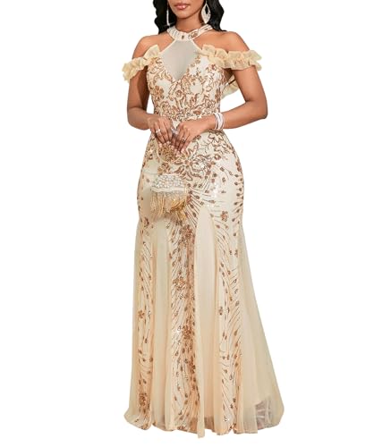 Image of Cololura Women Sexy Sequin Halter Neck Short Sleeve Mesh Perspective Party Bodycon Evening Cocktail Maxi Dress