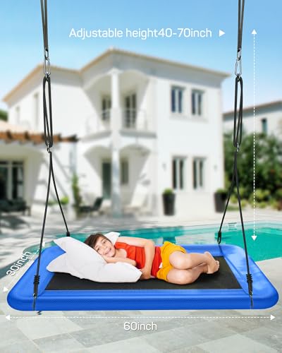 Image of Everyfun Tree Swing for Kids and Adults, 60 inch Waterproof Rectangle Platform Swing, 700lbs Heavy Duty with Adjustable Straps, Blue