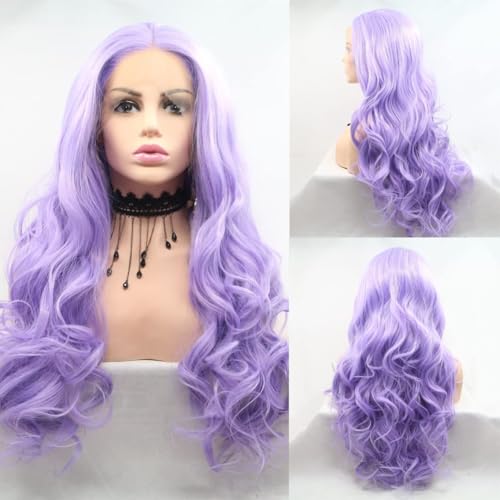 Angle Lucky Purple Lace Front Wig Synthetic Long Lavender Purple Body Wavy Free Part Wig Synthetic Heat Resistant Fiber Cosplay Makeup Wigs for Women 24 Inch