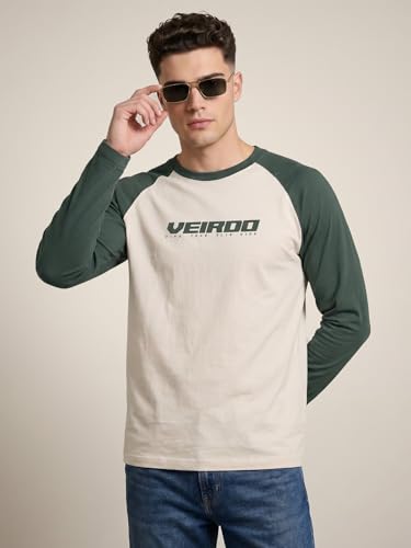 Image of Veirdo Pure Cotton Regular Fit Round Neck Front Chest Typographic Logo Printed Raglan Full Sleeve T-Shirt for Men (Colors: Green, Brown & Maroon)