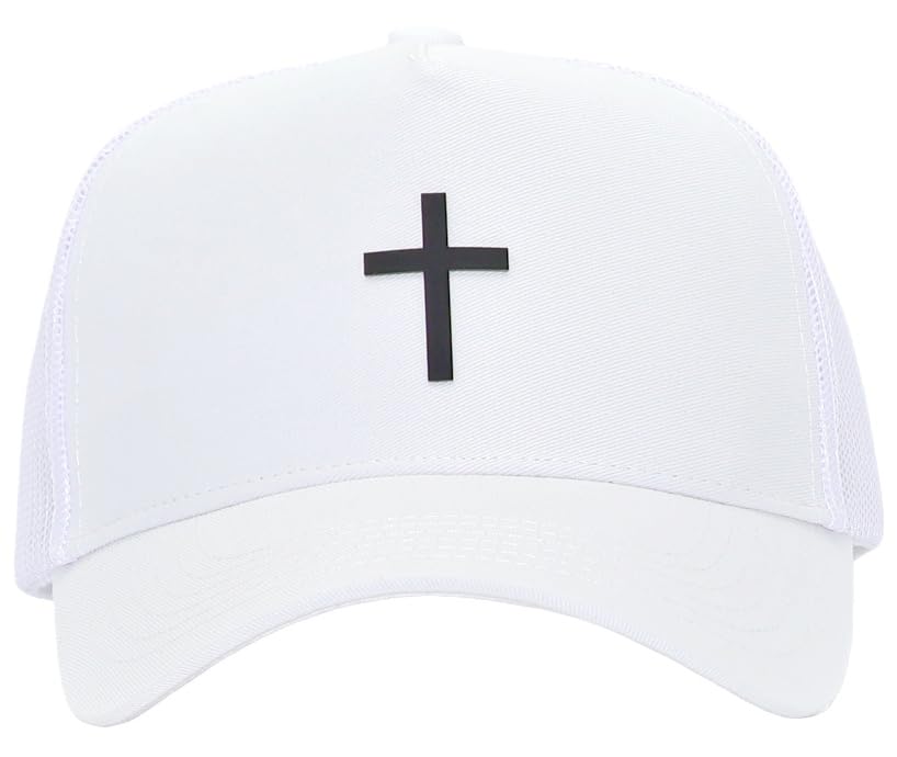 Image of Christian Jesus Cross Faith Hat, Religious Gifts forThanksgiving Christmas | 5 Panel Structured Mesh Back Trucker Baseball Cap, Adjustable Snapback Streetwear Dad Ball Hats for Men Women