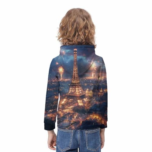 Sweat à capuche enfant Tour Eiffel 3D pour garçons et filles de 9 à 11 ans