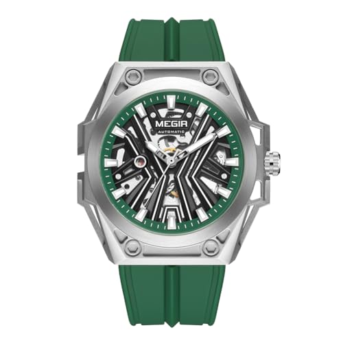 MEGIR Automatische Herren-Armbanduhr, 316L Stahlgehäuse, leuchtendes Zifferblatt, 5ATM wasserdicht, Silikonband, Grün