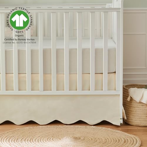 Image of Brandream Scallop Edge Cotton Crib Skirt Toddler Bedskirt Baby Nursery Crib Bed Skirt Boho Bohemian Neutral Solid Color Vintage Ivory Cream Off Farmhouse Chic Boho Bohemian Skirt
