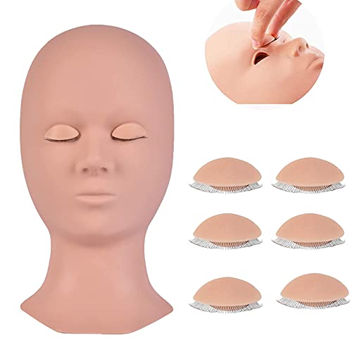 Mannequin Head with Removable Eyelids Eyelashes Extension Supplies with 4 Pairs Replaced Eyelids Makeup Rubber Silicone Training Mannequin Head Lash for Practice Eyelash Extensions (warm pink)