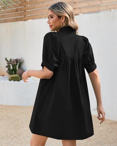 Women's Ruffle Collar High Neck Mini Dress Puff Short Sleeve Cotton Babydoll Peplum Dresses with Pockets4