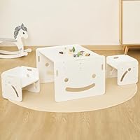 FUNLIO Montessori Höhenverstellbares kindertisch mit 2 stühlen für 1-3 Jährige, hochwertiger Massivholz Kinder Tisch Stuhl Set, zum Lesen/Essen/Spielen, einfach aufzubauen – Weiß