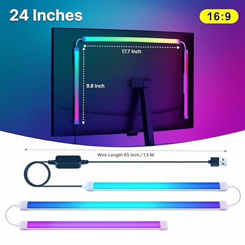 Image of PC Monitor Backlight Kit, Screen Sync RGB LED Strip Lights, 24-Inch, USB Powered,Reduced Eye Strain, Easy Plug & Play