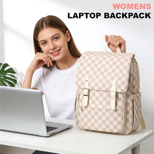 Image of Women Laptop Backpack, Corduroy 15.6 inch Travel Backpack for Work College Business, Teacher Nurse Bag with Large Capacity School Bookbag Bags for Girls - Checkered Brown