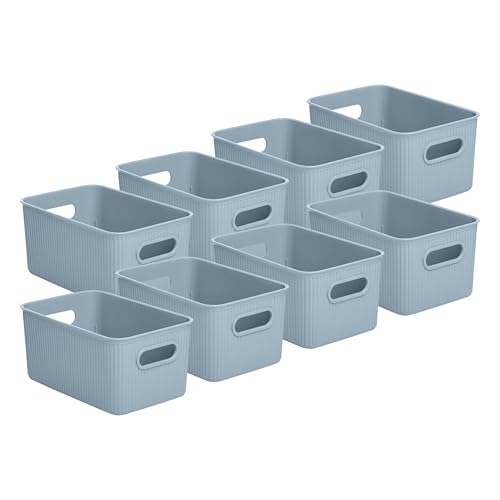 Image of Superio Decorative Plastic Basket Open Home Storage Bins Organizer Baskets, Medium, Blue (8 Pack) Container Boxes for Organizing Closet Storage Bins for Shelves Drawer Shelf, 5 Liter