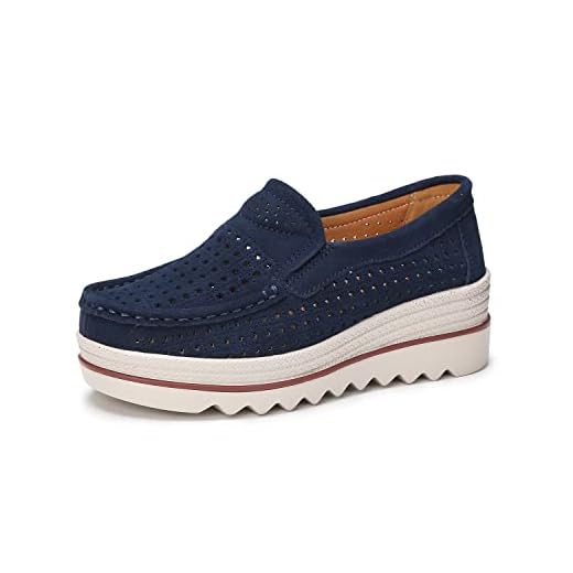 Ruiatoo Mocassins femininos sem cadarço, confortáveis, grossos, macios, sapatos de caminhada casuais para negócios, 3088 Azul escuro, 34
