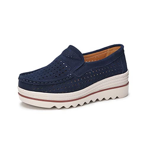 Ruiatoo Women's Platform Slip on Loafers Hollow Out Comfort Suede Moccasins Low Top Casual Shoes Dark Blue 39