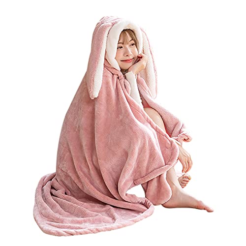 Cute Rabbit Wearable Hooded Blanket Women Girls Soft Cozy Flannel Fleece Bunny Ear Oversize Blanket with Hand Gloves