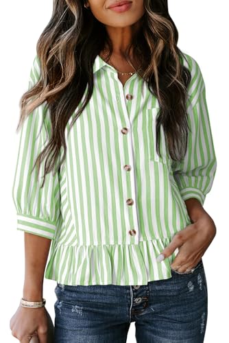 Dokotoo Crop Tops for Women Dressy Casual Blouse Babydoll Tops 3/4 Length Sleeve Womens Tops Button Down Cute Ladies Tops and Blouses Green and White Striped Shirt Fashion Trendy Clothing Clothes M