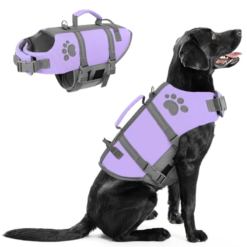 Queenmore Schwimmweste Hund Groß, Reflektierende Hunde Schwimmweste XXL, Ripstop Rettungsweste Hund Große, Verstellbar Hundeschwimmweste Labrador Mit Rettungsgriff, Life Jacket, Lilac, 2XL