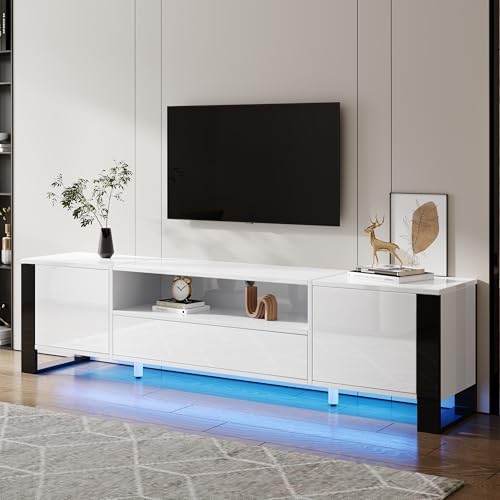 Merax Meuble TV avec éclairage LED, moderne, brillant, avec 2 portes et tiroirs, en bois, pour TV jusqu'à 70", pour salle à manger, salon, 178 cm, blanc