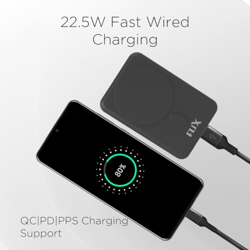 Image of FLiX MagConnect Elite 10,000mAh 15W Magnetic Wireless Output,22.5W QC Pocket Power Delivery PPS,Type C & Type A Input /Output,Rapid Charge,LED Display,Perfect for iPhone 12,13,14(Black)