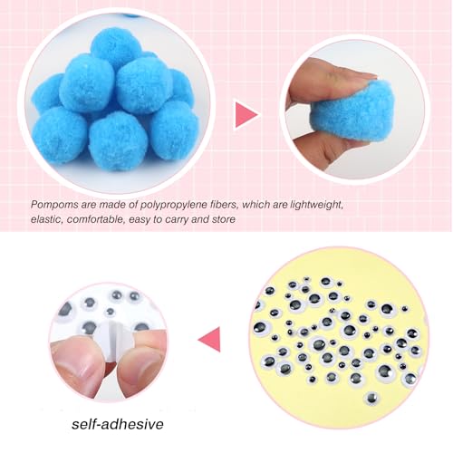 TOAOB 50 Stück Pompons zum Basteln Groß 5 cm Blau Pompom Flauschigen Plüsch set Bälle Kunst Bommel mit Selbstklebend Wackelaugen für Dekorieren Verzieren Nähen DIY Lustige Kreativen Handwerk