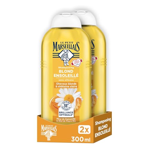 Le Petit Marseillais – Shampooing Blond Ensoleillé (2 flacons de 300 ml) – Shampooing sans silicone pour cheveux blonds à châtain clairs – Idée cadeau beauté à 98% d'ingrédients d'origine naturelle
