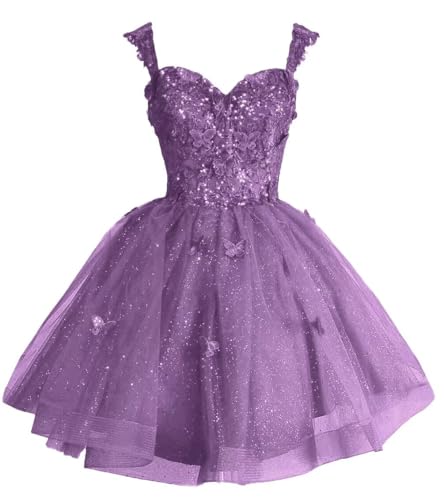 Lace Appliques Sparkly Homecoming Dresses for Teens 2025 Layered Tulle 3D Butterfly Spaghetti Strap Cocktail Party Dresses