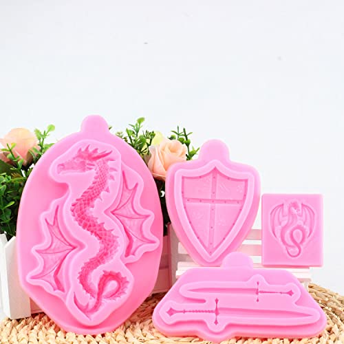 Mujiang Dragon Silicone Molds Swords Shield Battle Fondant Mold For Cake Decorating Cupcake Topper Chocolate Gum Paste Candy Polymer Clay Set Of 4 #TOP3