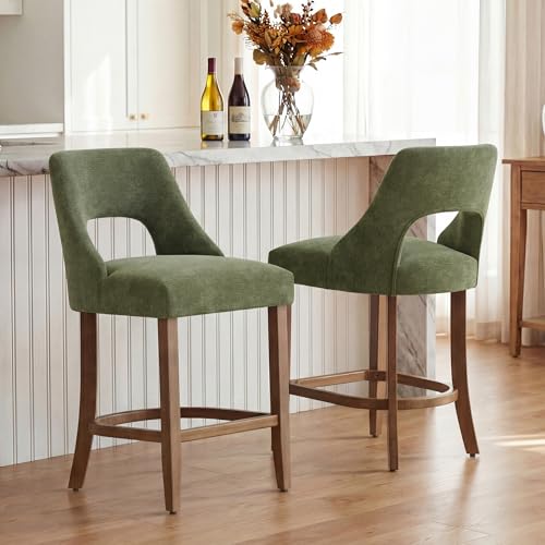 Image of UVV Bar Stools Set of 3, Upholstered Counter Height Bar Stools, Modern Counter Stools with Wood Legs for Kitchen Island Dining Room Bar, Green