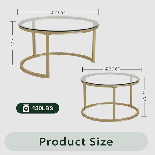 Furnivado 31.5\" Nesting Coffee Table Set of 2, Round Nesting Coffee Tables with Tempered Glass Top, End Tables with Metal Frame for Living Room, Bedroom, Transparent Glass