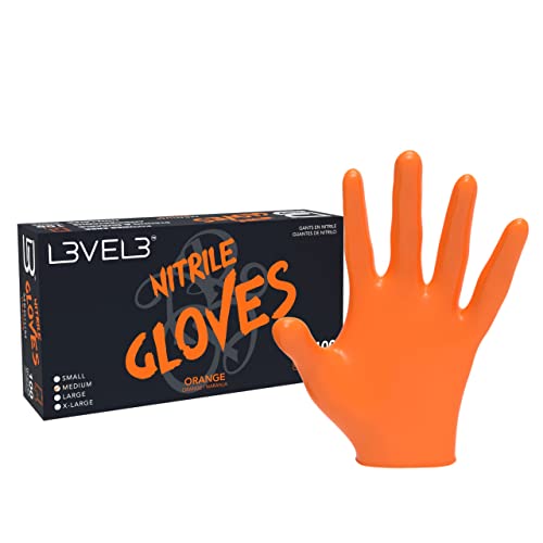 L3VEL3 Orange Nitrile Gloves, Delivers Outstanding Protection, Puncture and Chemical Resistant, Touchscreen Compatible