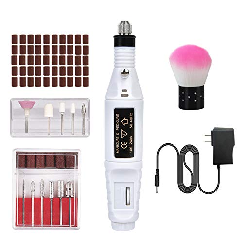 Portable Electric Nail File Set, USB Electric Nail Drill Manicure Kit, with 11 Changeable Drills and 50 Sanding Bands for Exfoliating, Grinding, Polishing, Nail Removing, Acrylic (1 set, White)