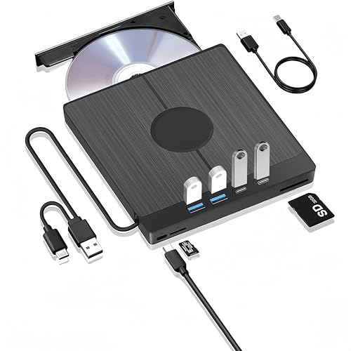 External CD DVD Drive with 4 USB Ports & SD/TF Slot,Type-C USB 3.0 Portable Drive Reader DVD CD RW Writer Burner Player Optical Drive for Desktop PC Windows 11/10/8/7/XP Macbook Mac OS Linux /Vista