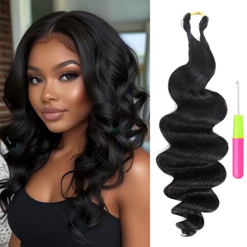 Loose Deep Wave Human Crochet Hair for Black Women Pre Separated Feather Crochet Human Hair Invisible Crochet Hair Extensions (#1B-55g 16 Inch)