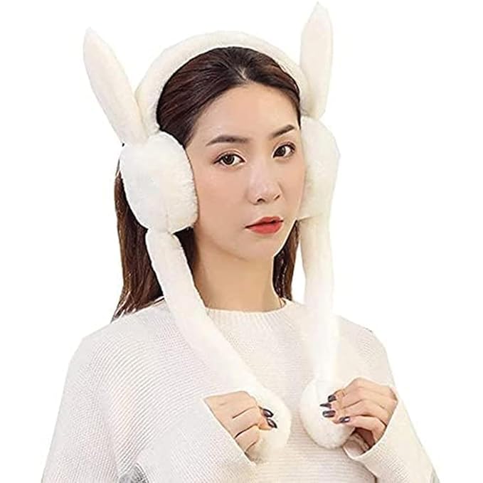 Women Winter Plush Earmuffs, Moving Bunny Ear Warmer, Kids Girls, Woolen Windproof, Foldable Knitted Ear Muffs (White)-image-31
