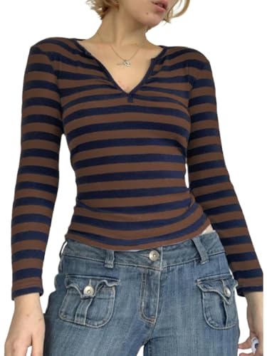 Image of Women Off Shoulder Striped Long Sleeve Top 2026 Fall Going Out Tee Shirts