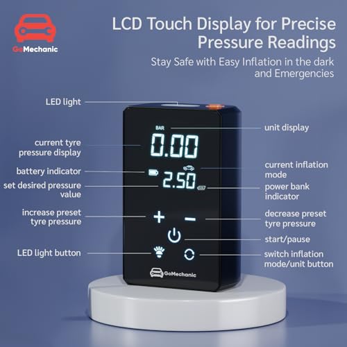 Image of GoMechanic Wireless Tyre Inflator for Car & Bike |150 PSI |3000 mAh Battery | Air Pump with Full LCD Touch Screen, Multiple Presets| PowerBank|Flash Light |Type C, Digital Display, Multiple Nozzles