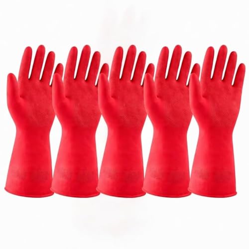 Image of LADWA Premium Rubber Cleaning Gloves, Red Color Reusable Waterproof Gloves for Kitchen Cleaning, Dishwashing, Gardening and Bathroom Use (Pack of 5 Pairs)