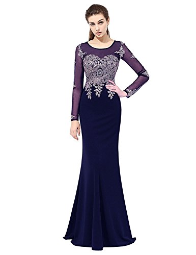Sarahbridal Women's Gold Embroidery Lace Long Mermaid Formal Evening Prom Dresses with Long Sleeve Navy Blue US12