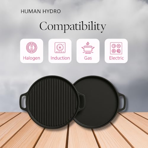 Image of Human Hydro Himalayan Stone Grill Tawa (30CM, 2-in-1) with Wooden Spatula | Iron-Rich Natural Stone | Reversible Flat & Grill Surface | Toxin-Free, Gas Compatible Traditional Cookware