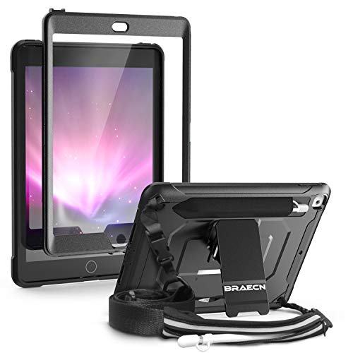 BRAECN iPad 10.2 Case 2020/2019 with Screen Protector, Heavy Duty Protective Case with Pencil Holder/Pencil Cap Holder/Shoulder Strap/Kickstand for iPad 8th Generation/iPad 7th Generation-Black
