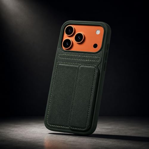 Image of amazon basics Luxury Vegan Leather Back Cover for iPhone 17 Pro | Built-in Card Holder Slot | Integrated Mobile Stand | Slim Shockproof Protective Case with Stitched Finish - Green