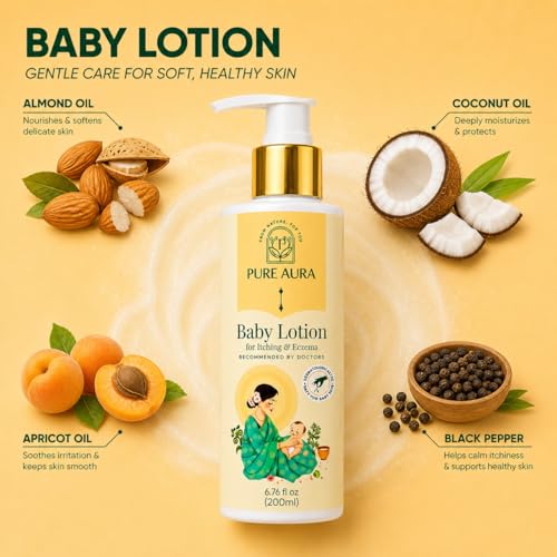 Image of Pure Aura Baby Lotion for Itching & Eczema Relief 200ml - Doctor Recommended Ayurvedic Baby Moisturizer for Newborns & Kids | Chemical-Free Daily Hydration Care